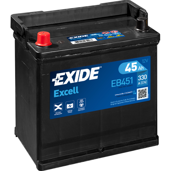 BATTERIE EXIDE EXCELL E2 12V 45AH 330A 220X135X225 +G EB451